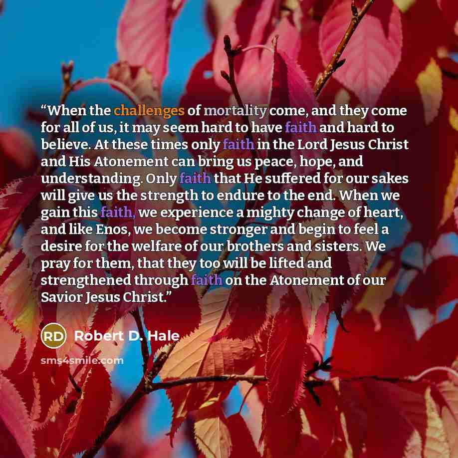 “When the challenges of mortality come, and they come for all of us, it may seem hard to have faith and hard to believe. At these times only faith in the Lord Jesus Christ and His Atonement can bring us peace, hope, and understanding. Only faith that He suffered for our sakes will give us the…” quote by Robert D. Hale