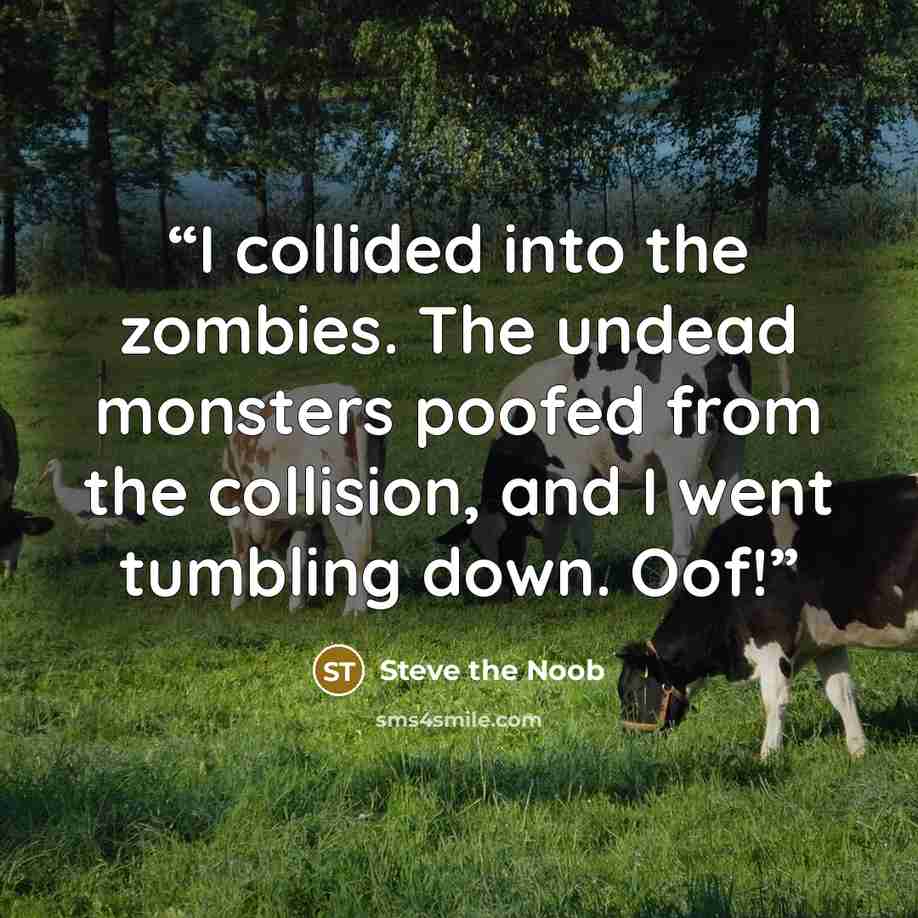 “I collided into the zombies. The undead monsters poofed from the collision, and I went tumbling down. Oof!” quote by Steve the Noob