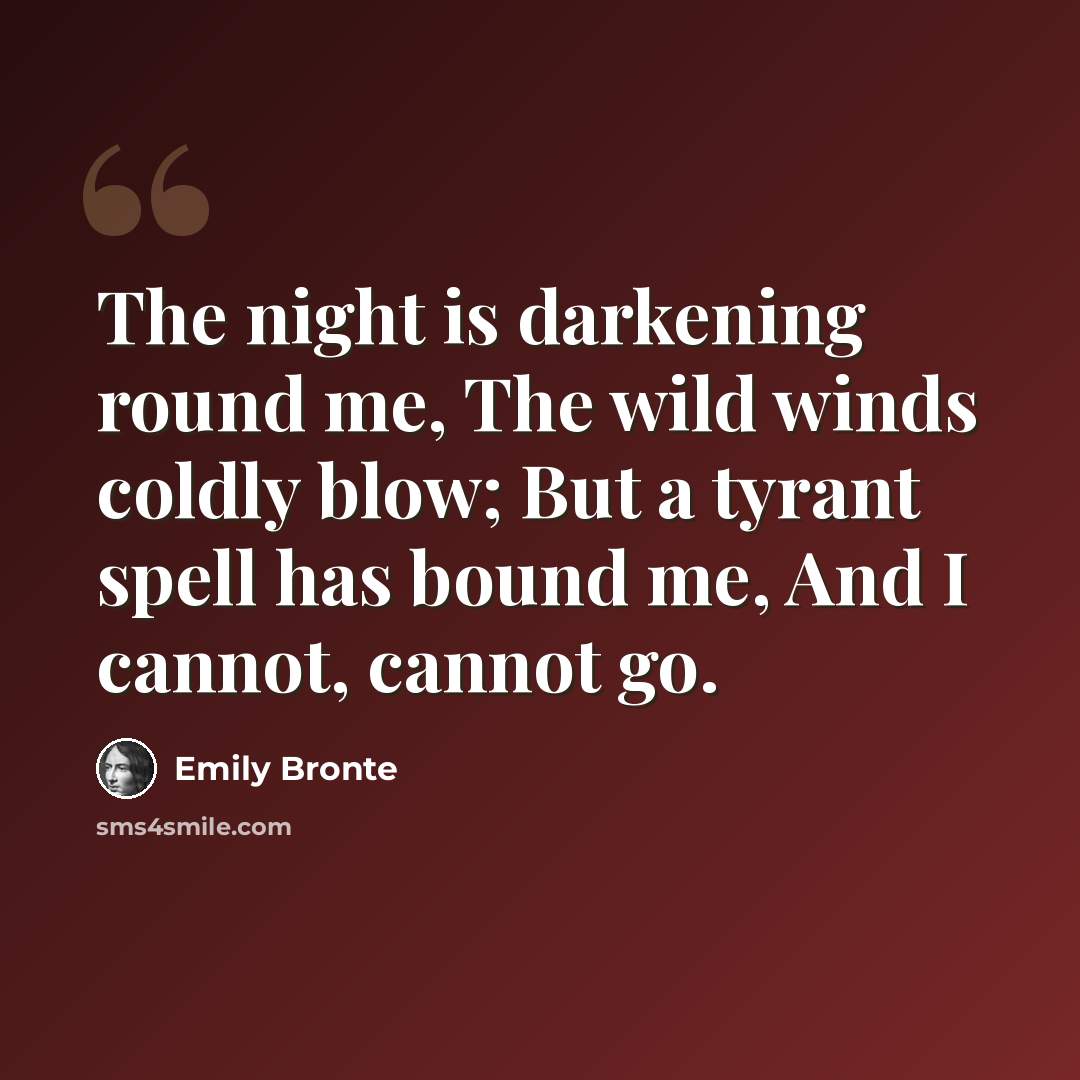 “The night is darkening round me, The wild winds coldly blow; But a tyrant spell has bound me, And I cannot, cannot go.” quote by Emily Bronte