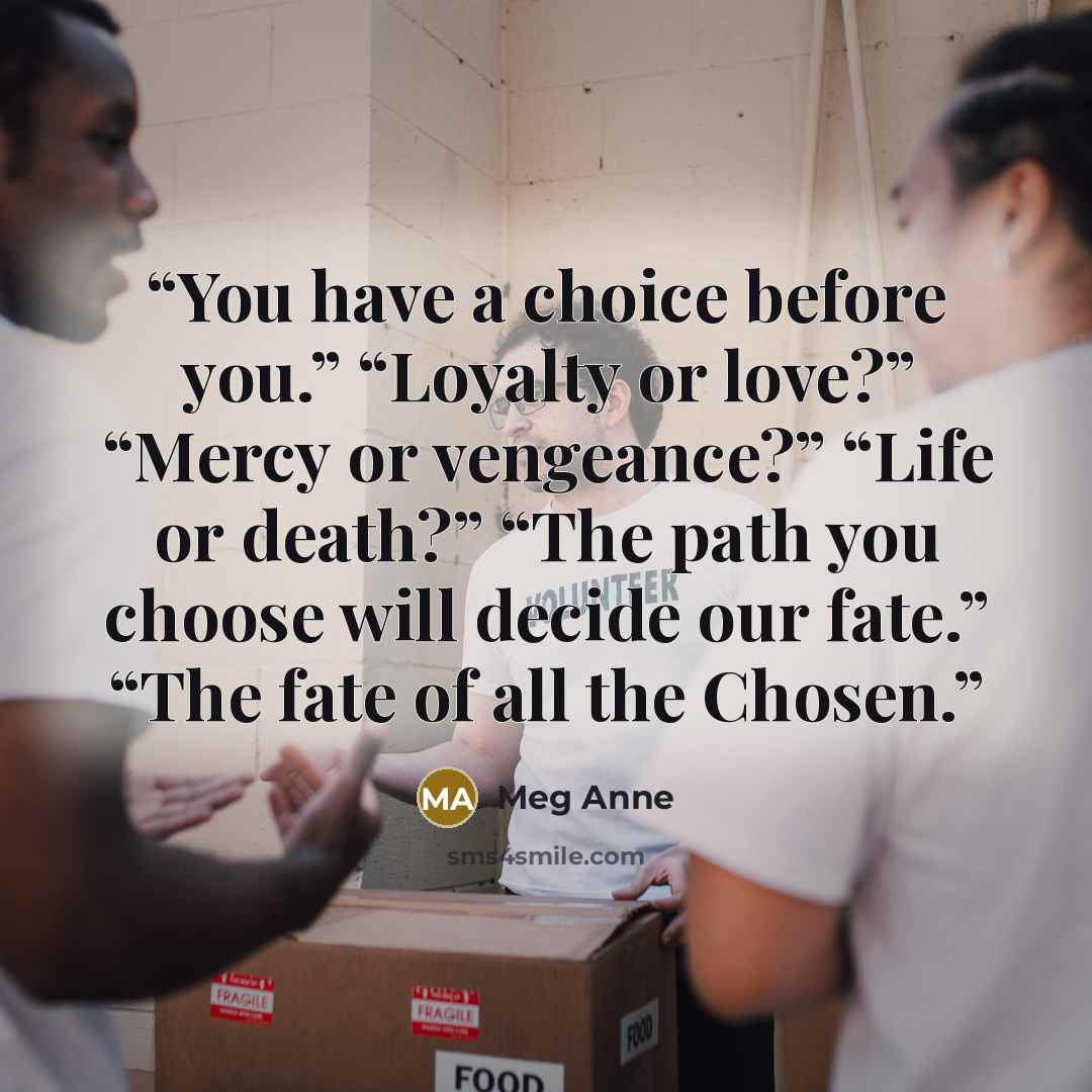 “You have a choice before you.” “Loyalty or love?” “Mercy or vengeance?” “Life or death?” “The path you choose will decide our fate.” “The fate of all the Chosen.” quote by Meg Anne