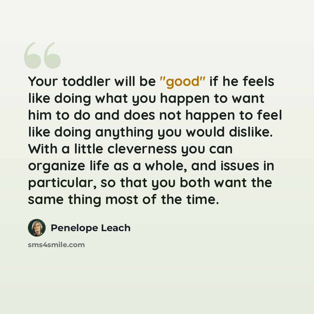 “Your toddler will be "good" if he feels like doing what you happen to want him to do and does not happen to feel like doing anything you would dislike. With a little cleverness you can organize life as a whole, and issues in particular, so that you both want the same thing most of the time.” quote by Penelope Leach