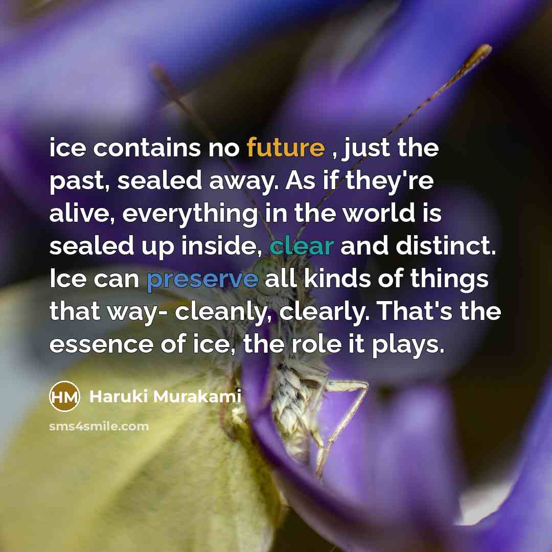 “ice contains no future , just the past, sealed away. As if they're alive, everything in the world is sealed up inside, clear and distinct. Ice can preserve all kinds of things that way- cleanly, clearly. That's the essence of ice, the role it plays.” quote by Haruki Murakami
