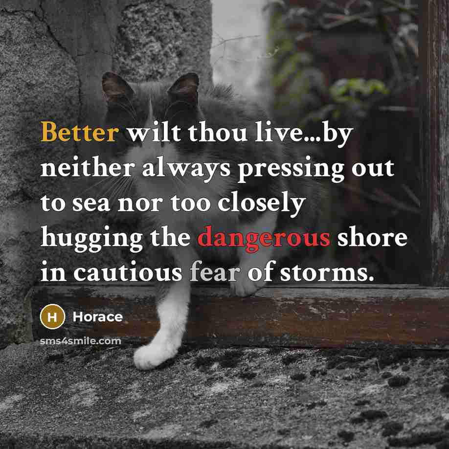 “Better wilt thou live...by neither always pressing out to sea nor too closely hugging the dangerous shore in cautious fear of storms.” quote by Horace