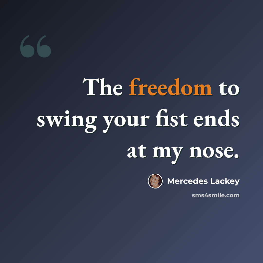 “The freedom to swing your fist ends at my nose.” quote by Mercedes Lackey