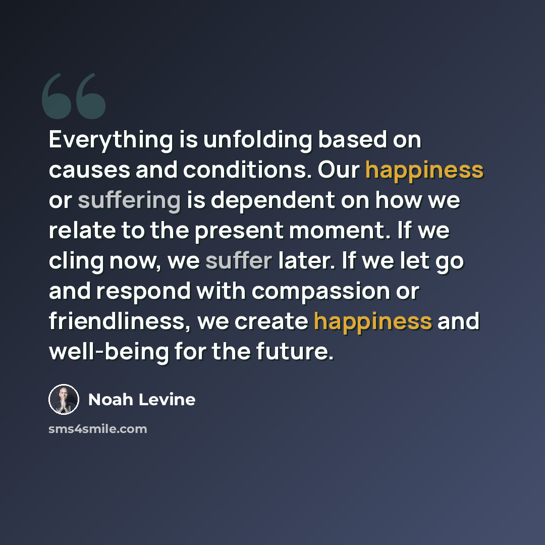 “Everything is unfolding based on causes and conditions. Our happiness or suffering is dependent on how we relate to the present moment. If we cling now, we suffer later. If we let go and respond with compassion or friendliness, we create happiness and well-being for the future.” quote by Noah Levine