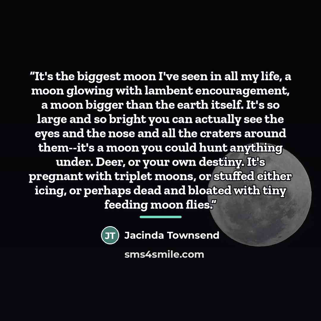 “It's the biggest moon I've seen in all my life, a moon glowing with lambent encouragement, a moon bigger than the earth itself. It's so large and so bright you can actually see the eyes and the nose and all the craters around them--it's a moon you could hunt anything under. Deer, or your own…” quote by Jacinda Townsend