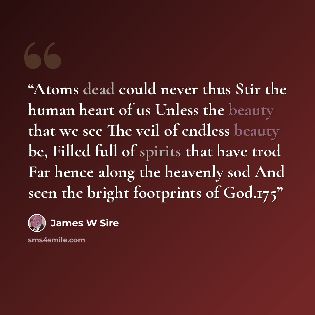 “Atoms dead could never thus Stir the human heart of us Unless the beauty that we see The veil of endless beauty be, Filled full of spirits that have trod Far hence along the heavenly sod And seen the bright footprints of God.175” quote by James W Sire