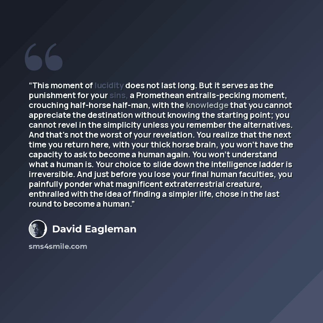 “This moment of lucidity does not last long. But it serves as the punishment for your sins, a Promethean entrails-pecking moment, crouching half-horse half-man, with the knowledge that you cannot appreciate the destination without knowing the starting point; you cannot revel in the simplicity…” quote by David Eagleman