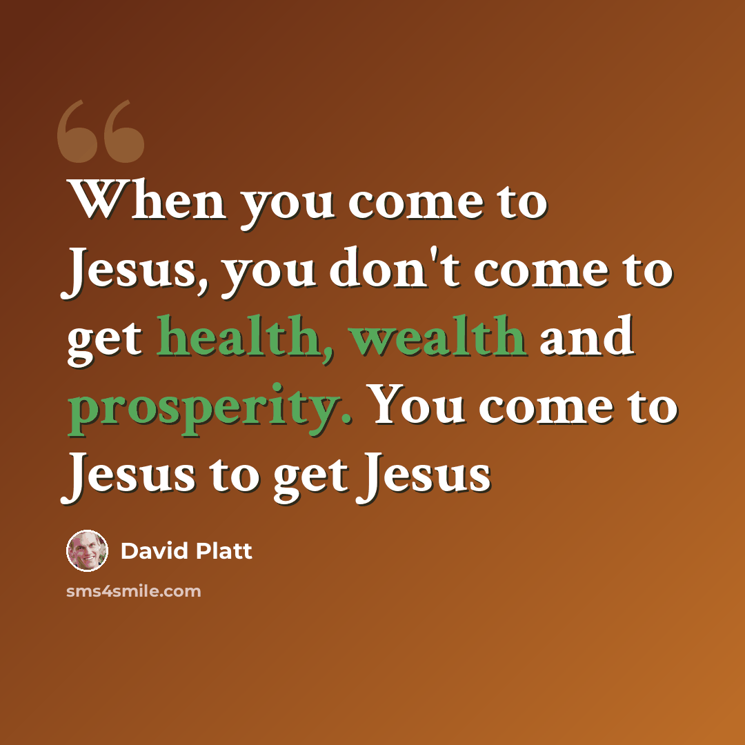 “When you come to Jesus, you don't come to get health, wealth and prosperity. You come to Jesus to get Jesus” quote by David Platt