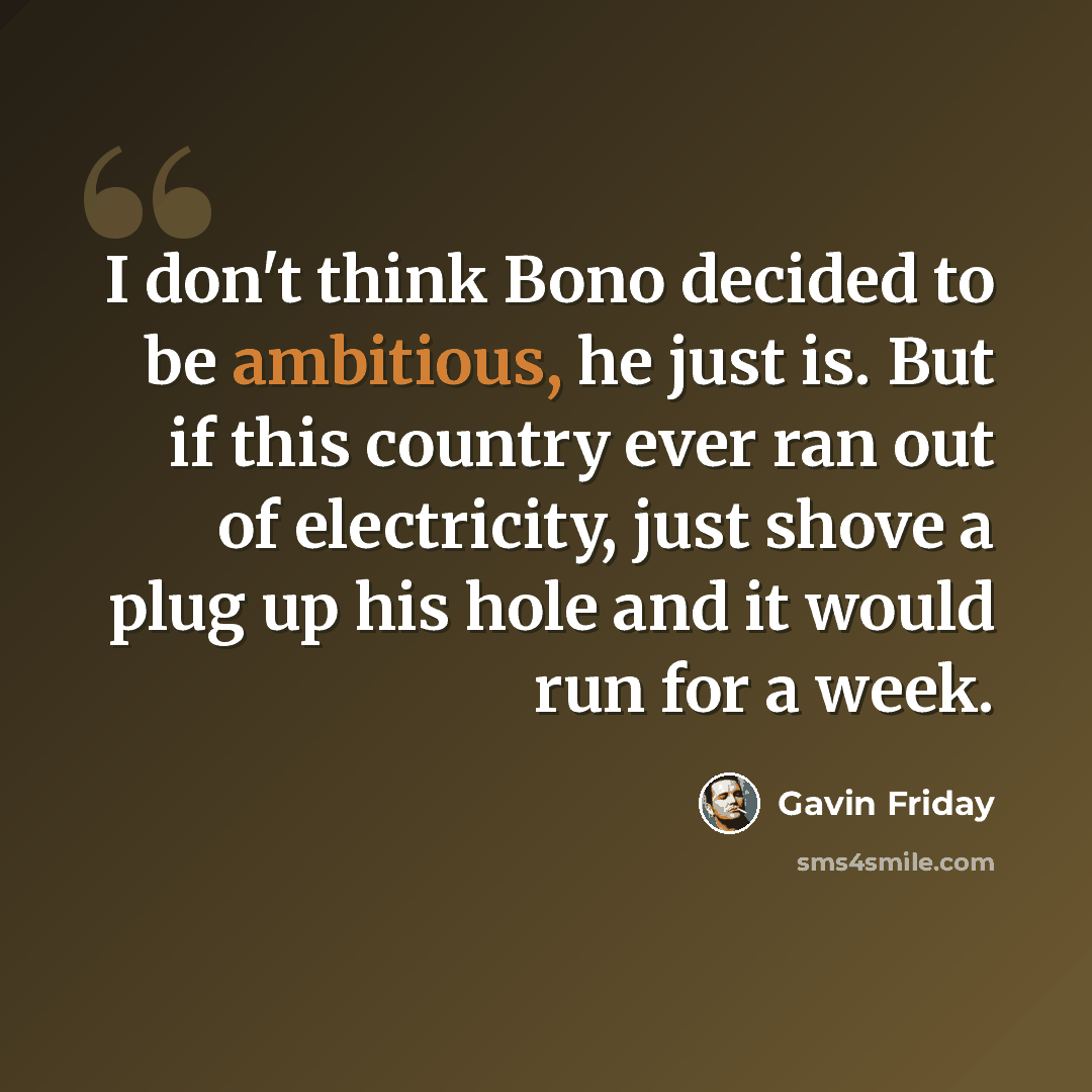 “I don't think Bono decided to be ambitious, he just is. But if this country ever ran out of electricity, just shove a plug up his hole and it would run for a week.” quote by Gavin Friday