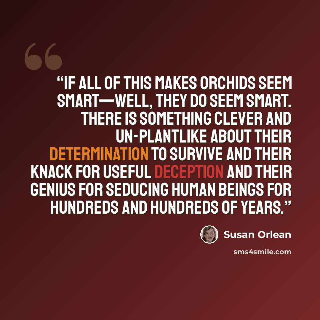 “If all of this makes orchids seem smart—well, they do seem smart. There is something clever and un-plantlike about their determination to survive and their knack for useful deception and their genius for seducing human beings for hundreds and hundreds of years.” quote by Susan Orlean