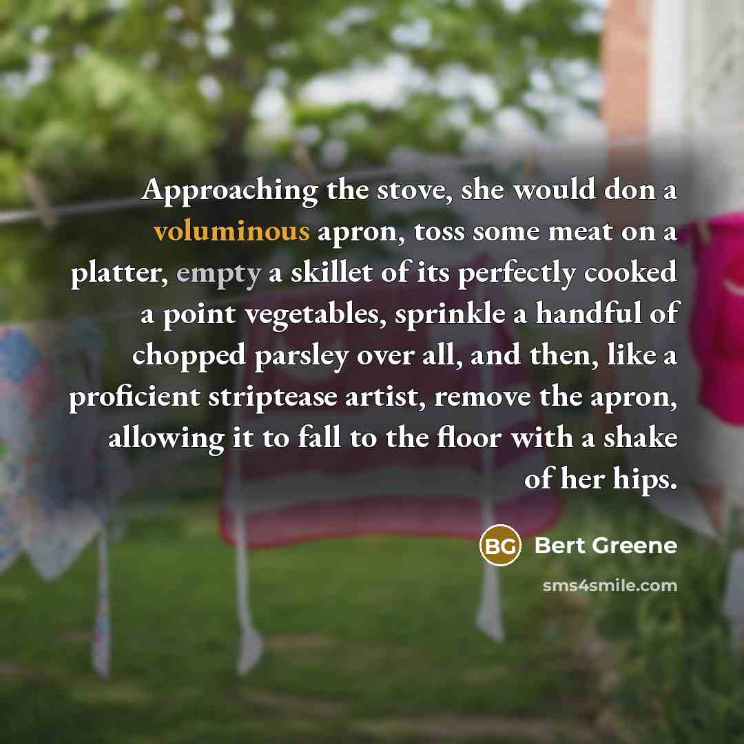 “Approaching the stove, she would don a voluminous apron, toss some meat on a platter, empty a skillet of its perfectly cooked a point vegetables, sprinkle a handful of chopped parsley over all, and then, like a proficient striptease artist, remove the apron, allowing it to fall to the floor with a…” quote by Bert Greene