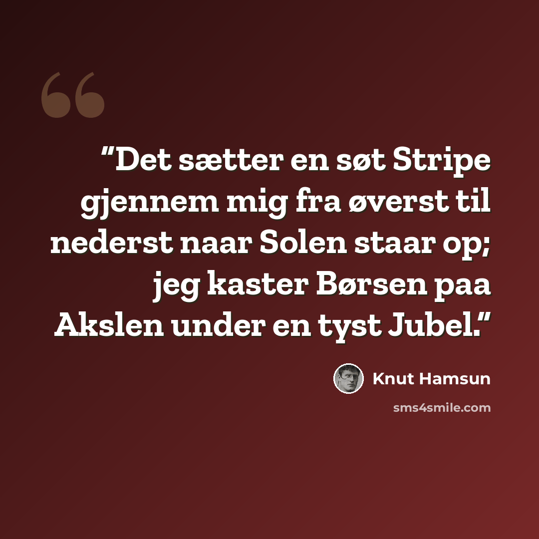 “Det sætter en søt Stripe gjennem mig fra øverst til nederst naar Solen staar op; jeg kaster Børsen paa Akslen under en tyst Jubel.” quote by Knut Hamsun