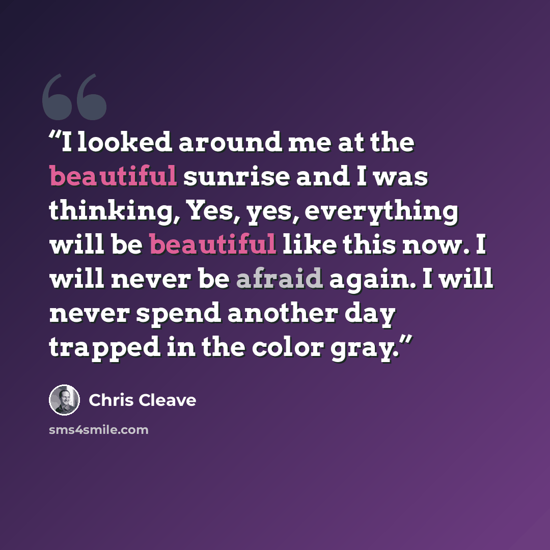 “I looked around me at the beautiful sunrise and I was thinking, Yes, yes, everything will be beautiful like this now. I will never be afraid again. I will never spend another day trapped in the color gray.” quote by Chris Cleave