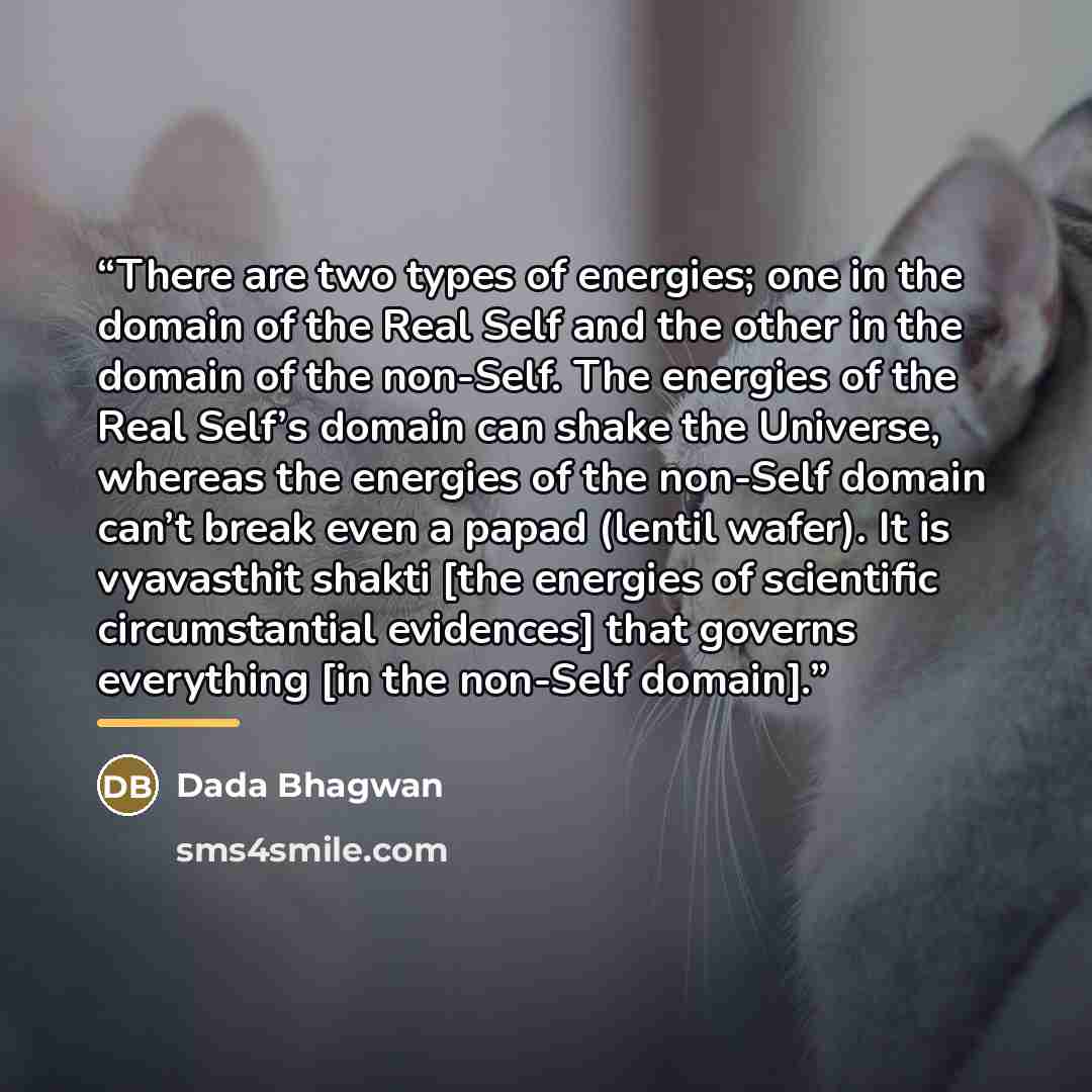 “There are two types of energies; one in the domain of the Real Self and the other in the domain of the non-Self. The energies of the Real Self’s domain can shake the Universe, whereas the energies of the non-Self domain can’t break even a papad (lentil wafer). It is vyavasthit shakti [the energies…” quote by Dada Bhagwan