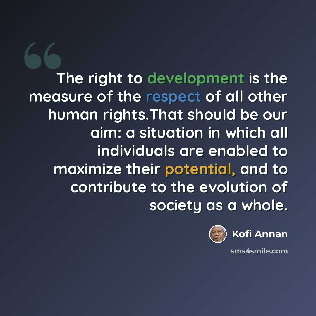 “The right to development is the measure of the respect of all other human rights.That should be our aim: a situation in which all individuals are enabled to maximize their potential, and to contribute to the evolution of society as a whole.” quote by Kofi Annan