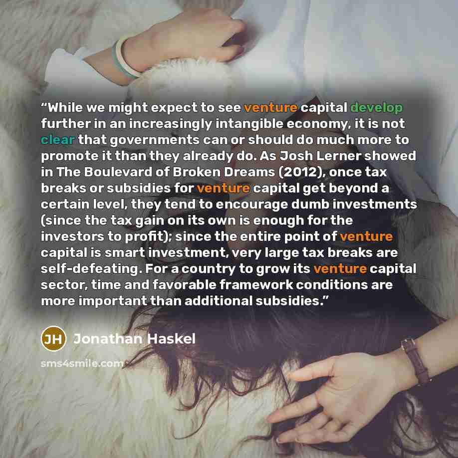 “While we might expect to see venture capital develop further in an increasingly intangible economy, it is not clear that governments can or should do much more to promote it than they already do. As Josh Lerner showed in The Boulevard of Broken Dreams (2012), once tax breaks or subsidies for…” quote by Jonathan Haskel