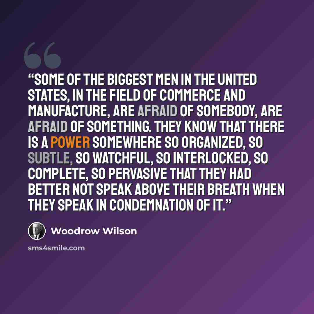 “Some of the biggest men in the United States, in the field of commerce and manufacture, are afraid of somebody, are afraid of something. They know that there is a power somewhere so organized, so subtle, so watchful, so interlocked, so complete, so pervasive that they had better not speak above…” quote by Woodrow Wilson