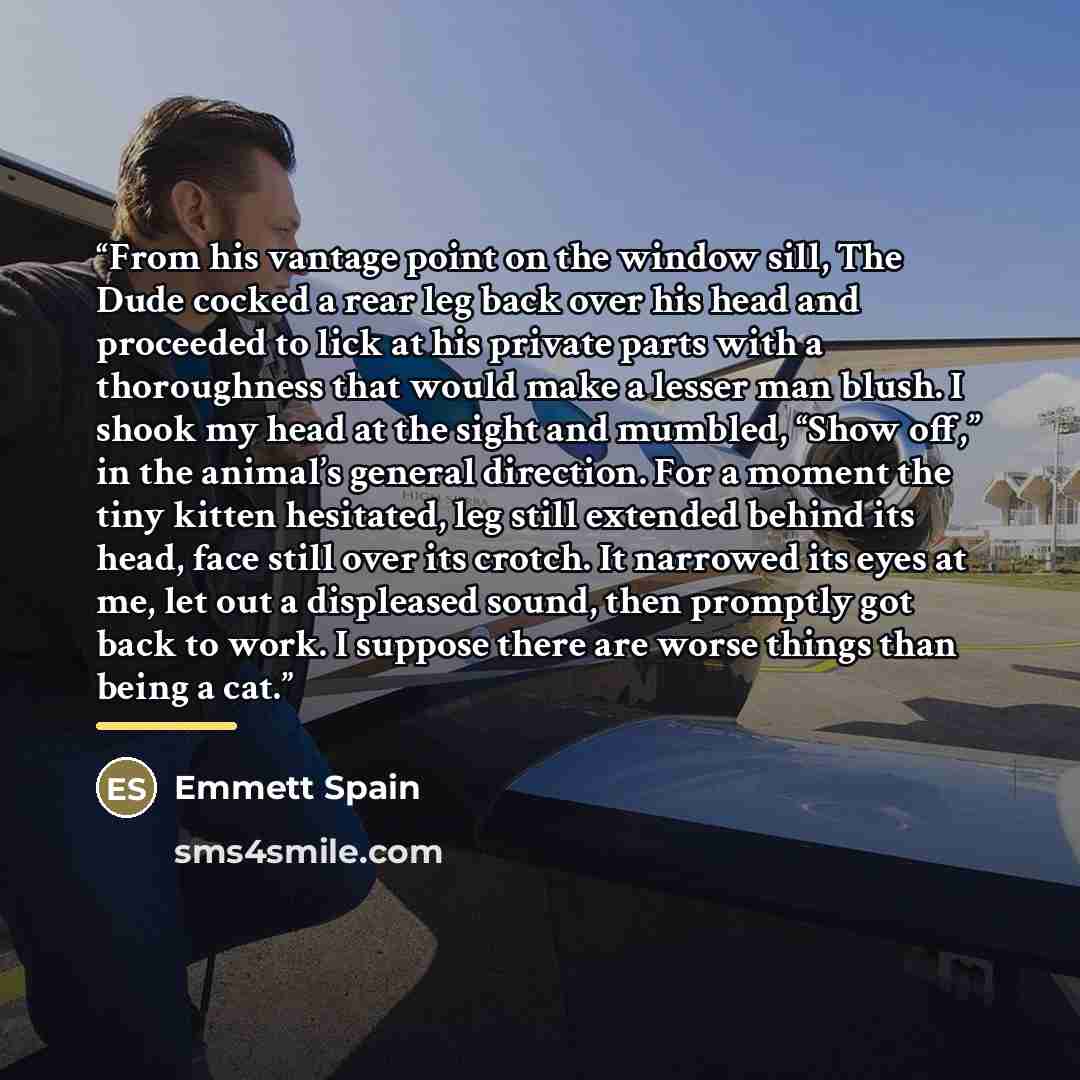 “From his vantage point on the window sill, The Dude cocked a rear leg back over his head and proceeded to lick at his private parts with a thoroughness that would make a lesser man blush. I shook my head at the sight and mumbled, “Show off,” in the animal’s general direction. For a moment the tiny…” quote by Emmett Spain