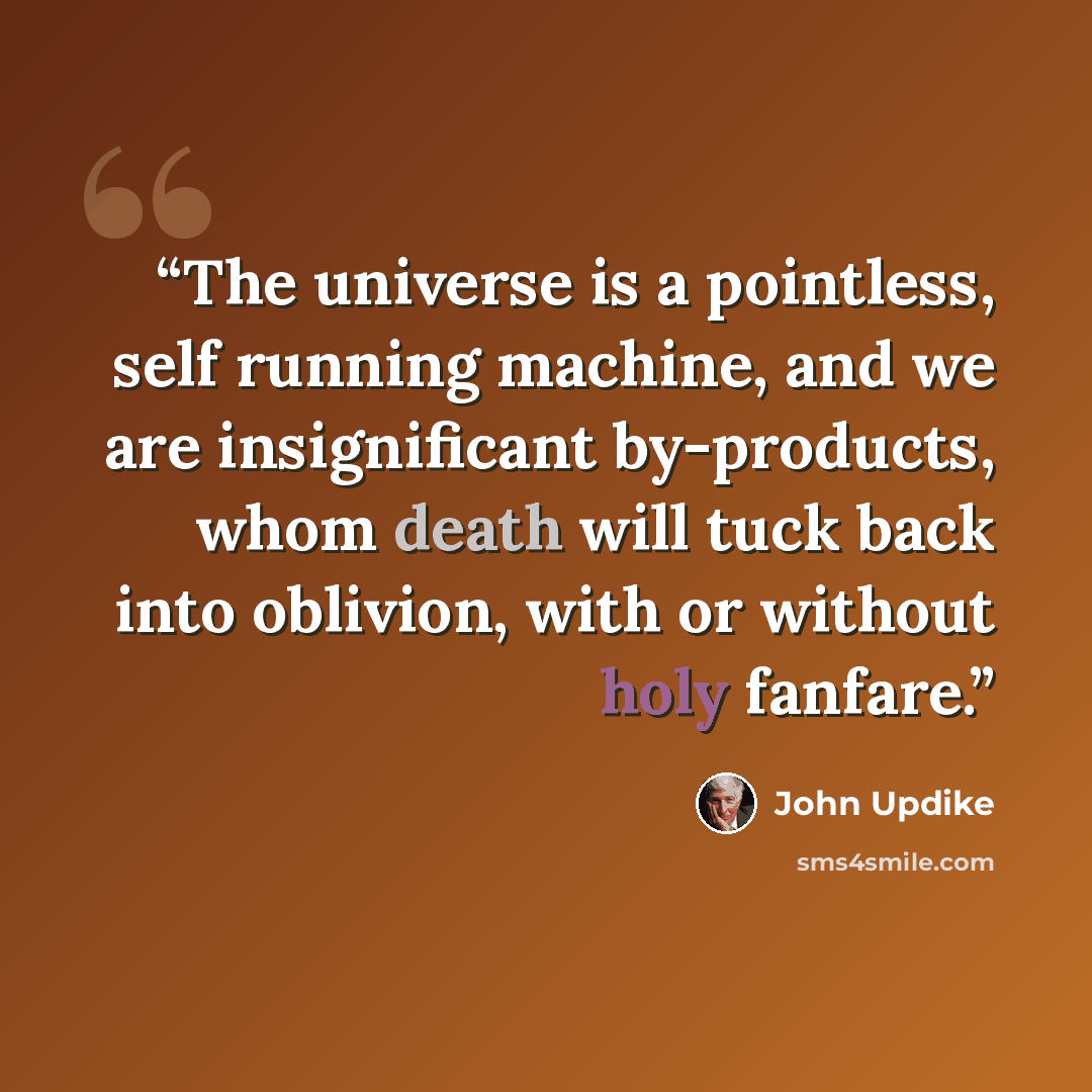 “The universe is a pointless, self running machine, and we are insignificant by-products, whom death will tuck back into oblivion, with or without holy fanfare.” quote by John Updike