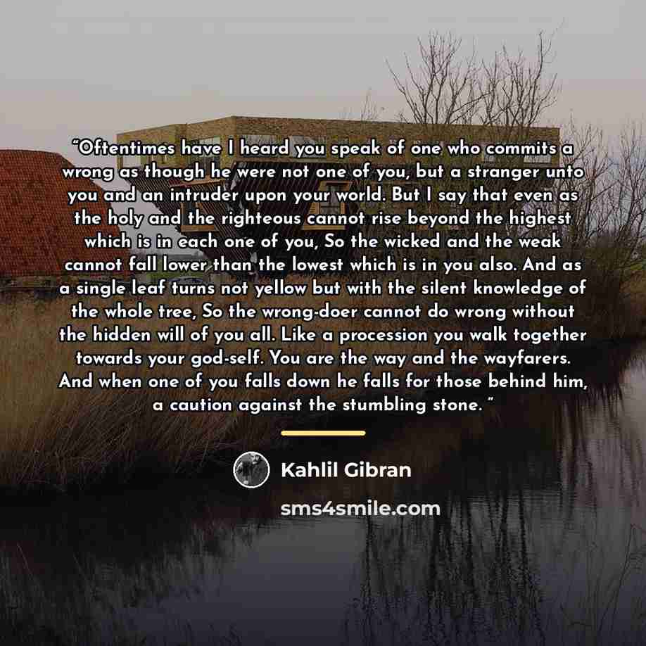 “Oftentimes have I heard you speak of one who commits a wrong as though he were not one of you, but a stranger unto you and an intruder upon your world. But I say that even as the holy and the righteous cannot rise beyond the highest which is in each one of you, So the wicked and the weak cannot…” quote by Kahlil Gibran