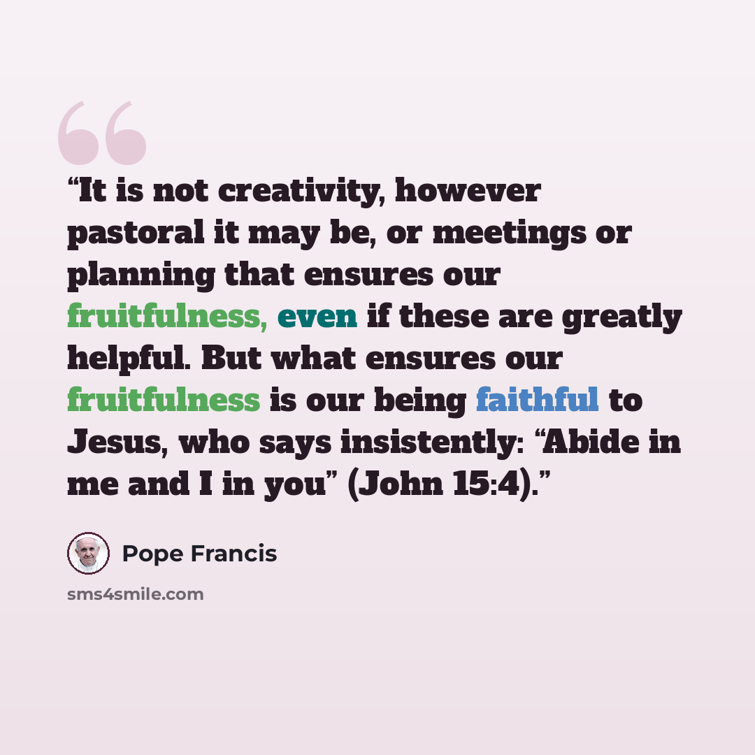 “It is not creativity, however pastoral it may be, or meetings or planning that ensures our fruitfulness, even if these are greatly helpful. But what ensures our fruitfulness is our being faithful to Jesus, who says insistently: “Abide in me and I in you” (John 15:4).” quote by Pope Francis