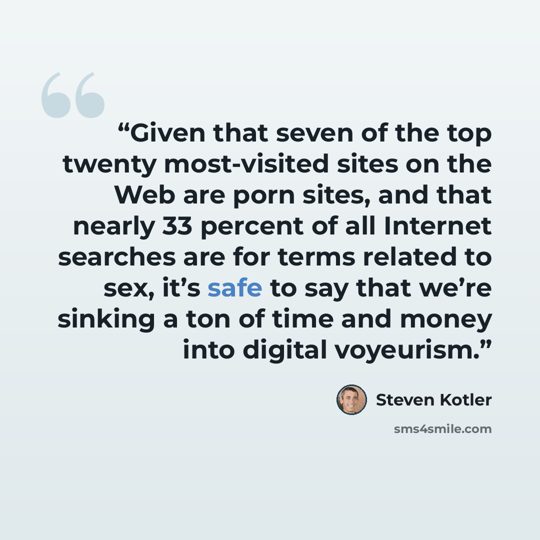 “Given that seven of the top twenty most-visited sites on the Web are porn sites, and that nearly 33 percent of all Internet searches are for terms related to sex, it’s safe to say that we’re sinking a ton of time and money into digital voyeurism.” quote by Steven Kotler