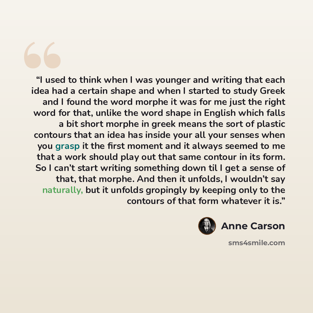 “I used to think when I was younger and writing that each idea had a certain shape and when I started to study Greek and I found the word morphe it was for me just the right word for that, unlike the word shape in English which falls a bit short morphe in greek means the sort of plastic contours…” quote by Anne Carson