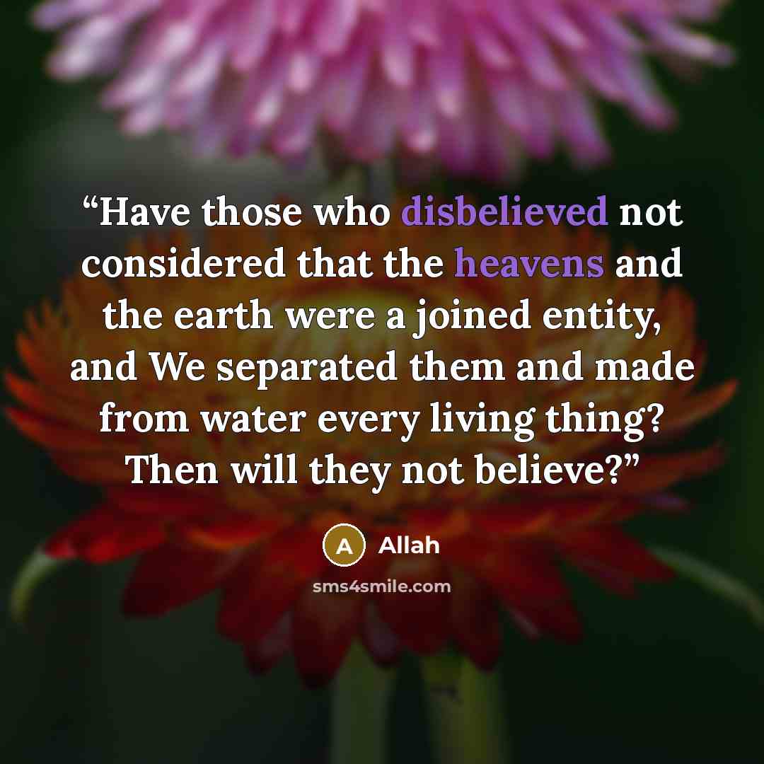 “Have those who disbelieved not considered that the heavens and the earth were a joined entity, and We separated them and made from water every living thing? Then will they not believe?” quote by Allah