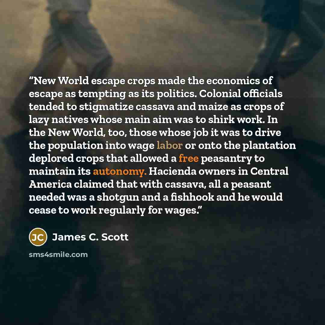 “New World escape crops made the economics of escape as tempting as its politics. Colonial officials tended to stigmatize cassava and maize as crops of lazy natives whose main aim was to shirk work. In the New World, too, those whose job it was to drive the population into wage labor or onto the…” quote by James C. Scott
