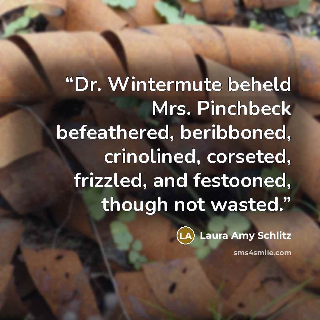 “Dr. Wintermute beheld Mrs. Pinchbeck befeathered, beribboned, crinolined, corseted, frizzled, and festooned, though not wasted.” quote by Laura Amy Schlitz