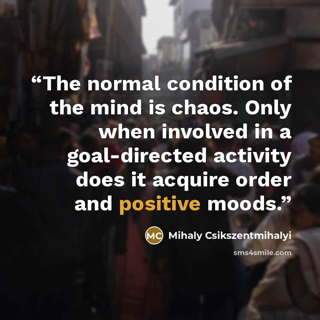 “The normal condition of the mind is chaos. Only when involved in a goal-directed activity does it acquire order and positive moods.” quote by Mihaly Csikszentmihalyi