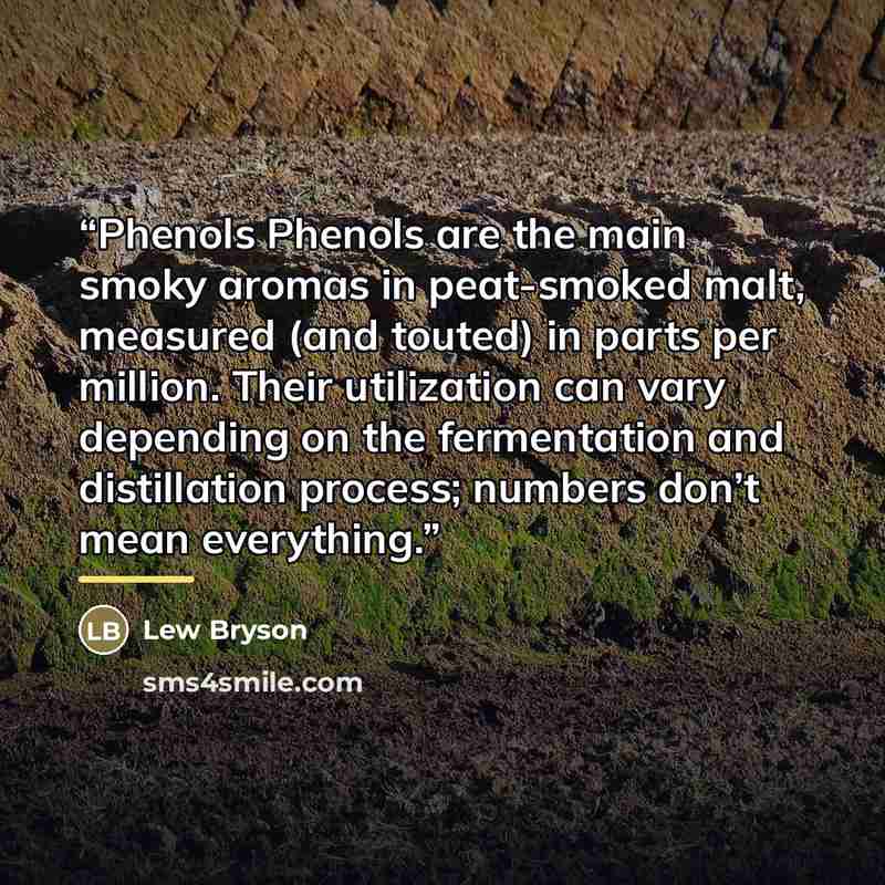 “Phenols Phenols are the main smoky aromas in peat-smoked malt, measured (and touted) in parts per million. Their utilization can vary depending on the fermentation and distillation process; numbers don’t mean everything.” quote by Lew Bryson