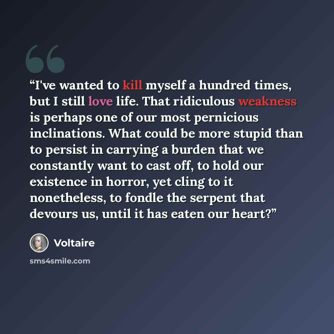 “I've wanted to kill myself a hundred times, but I still love life. That ridiculous weakness is perhaps one of our most pernicious inclinations. What could be more stupid than to persist in carrying a burden that we constantly want to cast off, to hold our existence in horror, yet cling to it…” quote by Voltaire