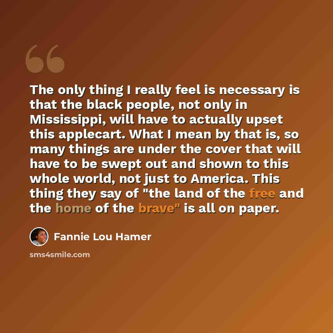 “The only thing I really feel is necessary is that the black people, not only in Mississippi, will have to actually upset this applecart. What I mean by that is, so many things are under the cover that will have to be swept out and shown to this whole world, not just to America. This thing they say…” quote by Fannie Lou Hamer