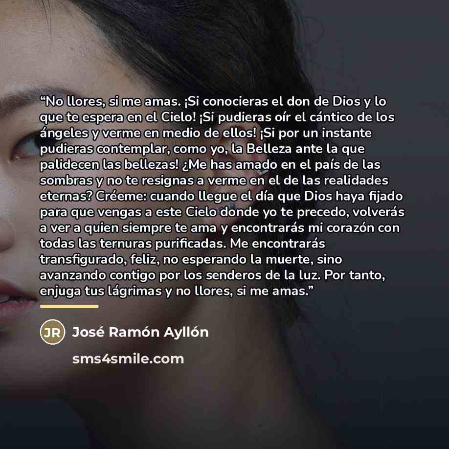 “No llores, si me amas. ¡Si conocieras el don de Dios y lo que te espera en el Cielo! ¡Si pudieras oír el cántico de los ángeles y verme en medio de ellos! ¡Si por un instante pudieras contemplar, como yo, la Belleza ante la que palidecen las bellezas! ¿Me has amado en el país de las sombras y no…” quote by Anonymous