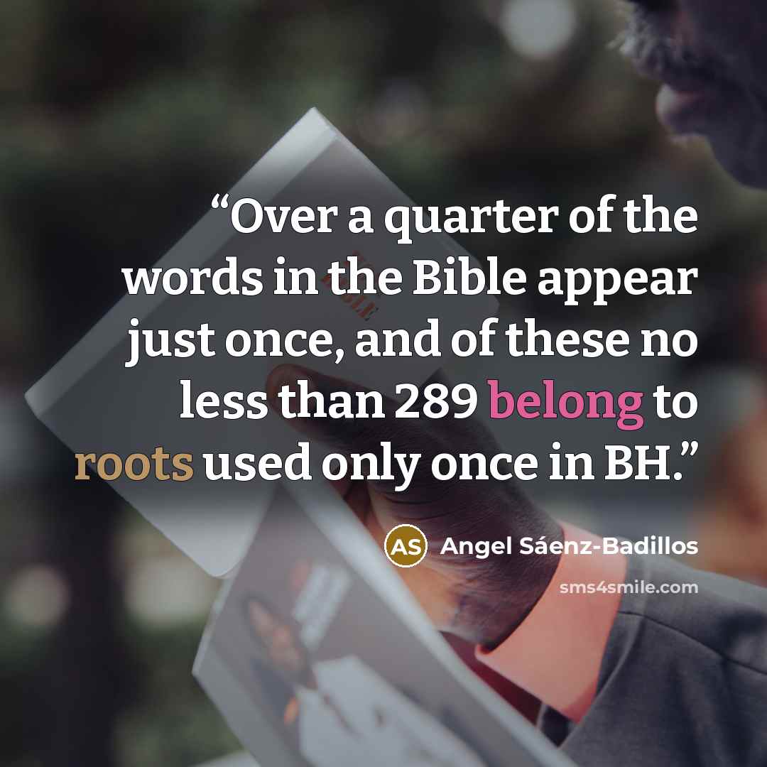 “Over a quarter of the words in the Bible appear just once, and of these no less than 289 belong to roots used only once in BH.” quote by Angel Sáenz-Badillos