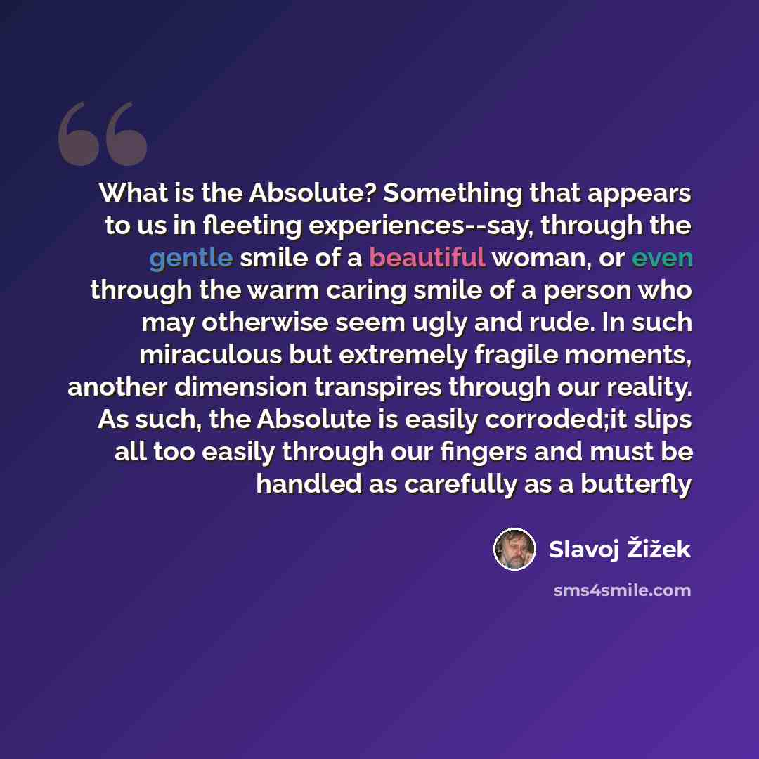 “What is the Absolute? Something that appears to us in fleeting experiences--say, through the gentle smile of a beautiful woman, or even through the warm caring smile of a person who may otherwise seem ugly and rude. In such miraculous but extremely fragile moments, another dimension transpires…” quote by Slavoj Žižek