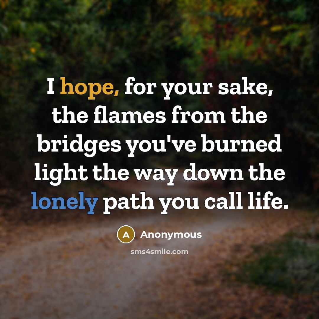 “I hope, for your sake, the flames from the bridges you've burned light the way down the lonely path you call life.” quote by Anonymous