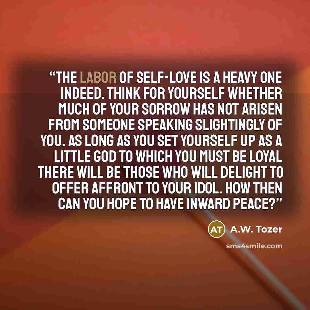 “The labor of self-love is a heavy one indeed. Think for yourself whether much of your sorrow has not arisen from someone speaking slightingly of you. As long as you set yourself up as a little god to which you must be loyal there will be those who will delight to offer affront to your idol. How…” quote by A.W. Tozer