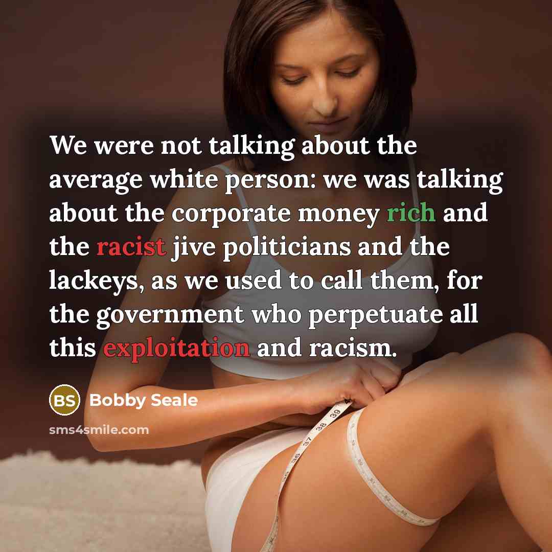 “We were not talking about the average white person: we was talking about the corporate money rich and the racist jive politicians and the lackeys, as we used to call them, for the government who perpetuate all this exploitation and racism.” quote by Bobby Seale