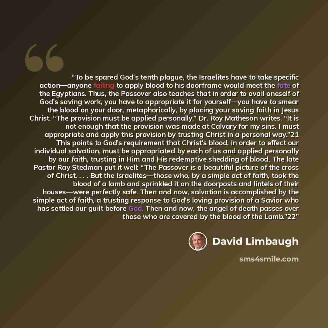 “To be spared God’s tenth plague, the Israelites have to take specific action—anyone failing to apply blood to his doorframe would meet the fate of the Egyptians. Thus, the Passover also teaches that in order to avail oneself of God’s saving work, you have to appropriate it for yourself—you have to…” quote by David Limbaugh