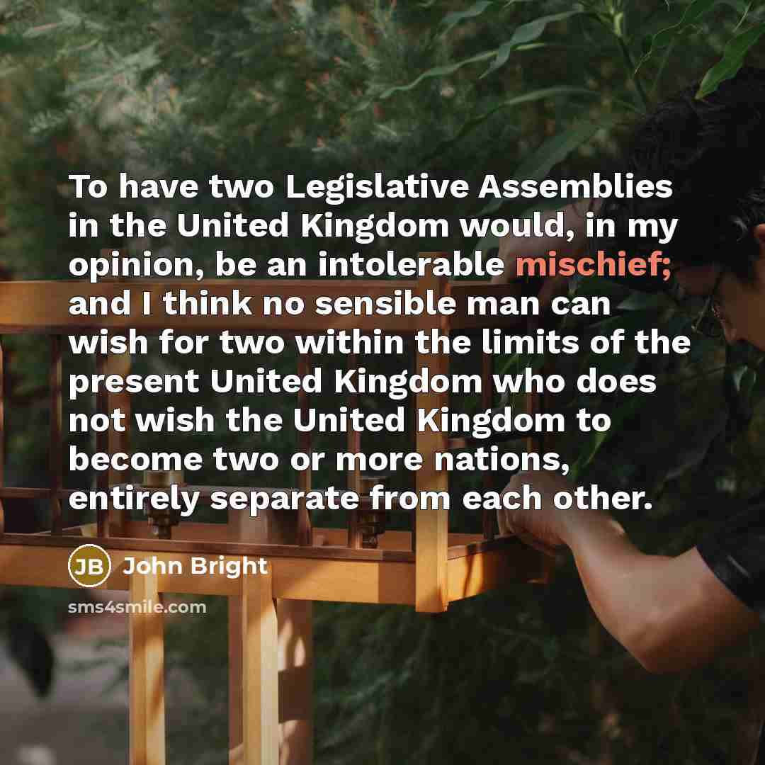 “To have two Legislative Assemblies in the United Kingdom would, in my opinion, be an intolerable mischief; and I think no sensible man can wish for two within the limits of the present United Kingdom who does not wish the United Kingdom to become two or more nations, entirely separate from each…” quote by John Bright