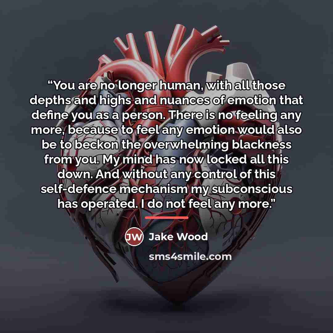 “You are no longer human, with all those depths and highs and nuances of emotion that define you as a person. There is no feeling any more, because to feel any emotion would also be to beckon the overwhelming blackness from you. My mind has now locked all this down. And without any control of this…” quote by Jake Wood