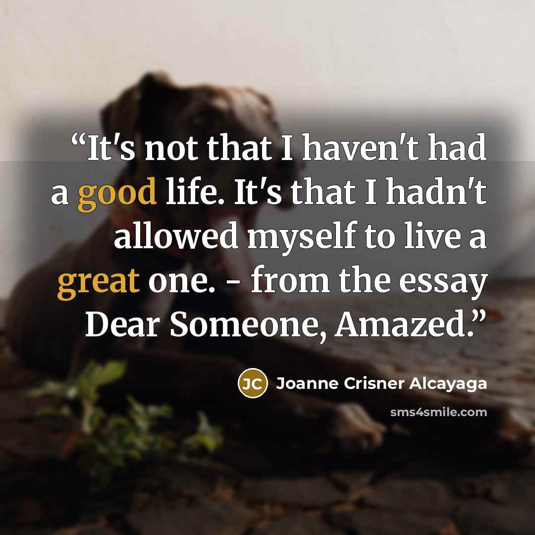 “It's not that I haven't had a good life. It's that I hadn't allowed myself to live a great one. - from the essay Dear Someone, Amazed.” quote by Joanne Crisner Alcayaga