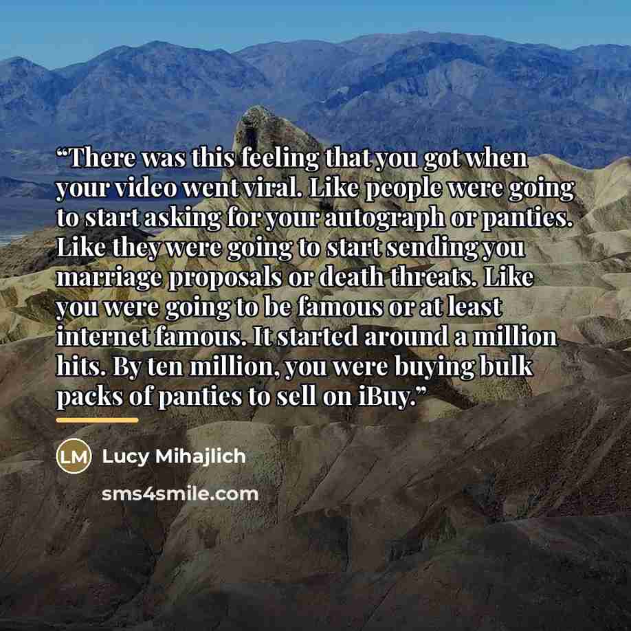 “There was this feeling that you got when your video went viral. Like people were going to start asking for your autograph or panties. Like they were going to start sending you marriage proposals or death threats. Like you were going to be famous or at least internet famous. It started around a…” quote by Lucy Mihajlich