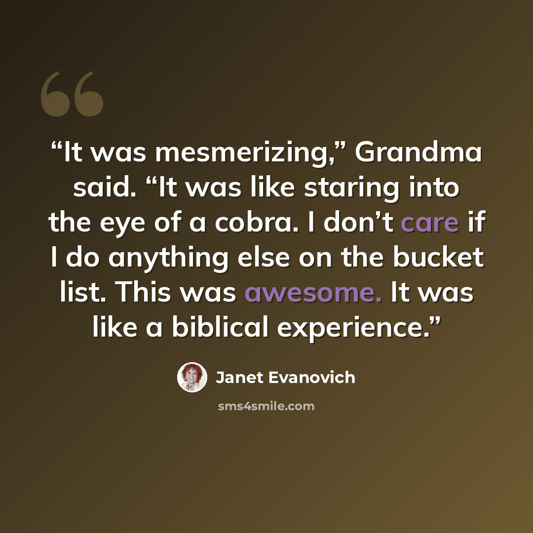 “It was mesmerizing,” Grandma said. “It was like staring into the eye of a cobra. I don’t care if I do anything else on the bucket list. This was awesome. It was like a biblical experience.” quote by Janet Evanovich