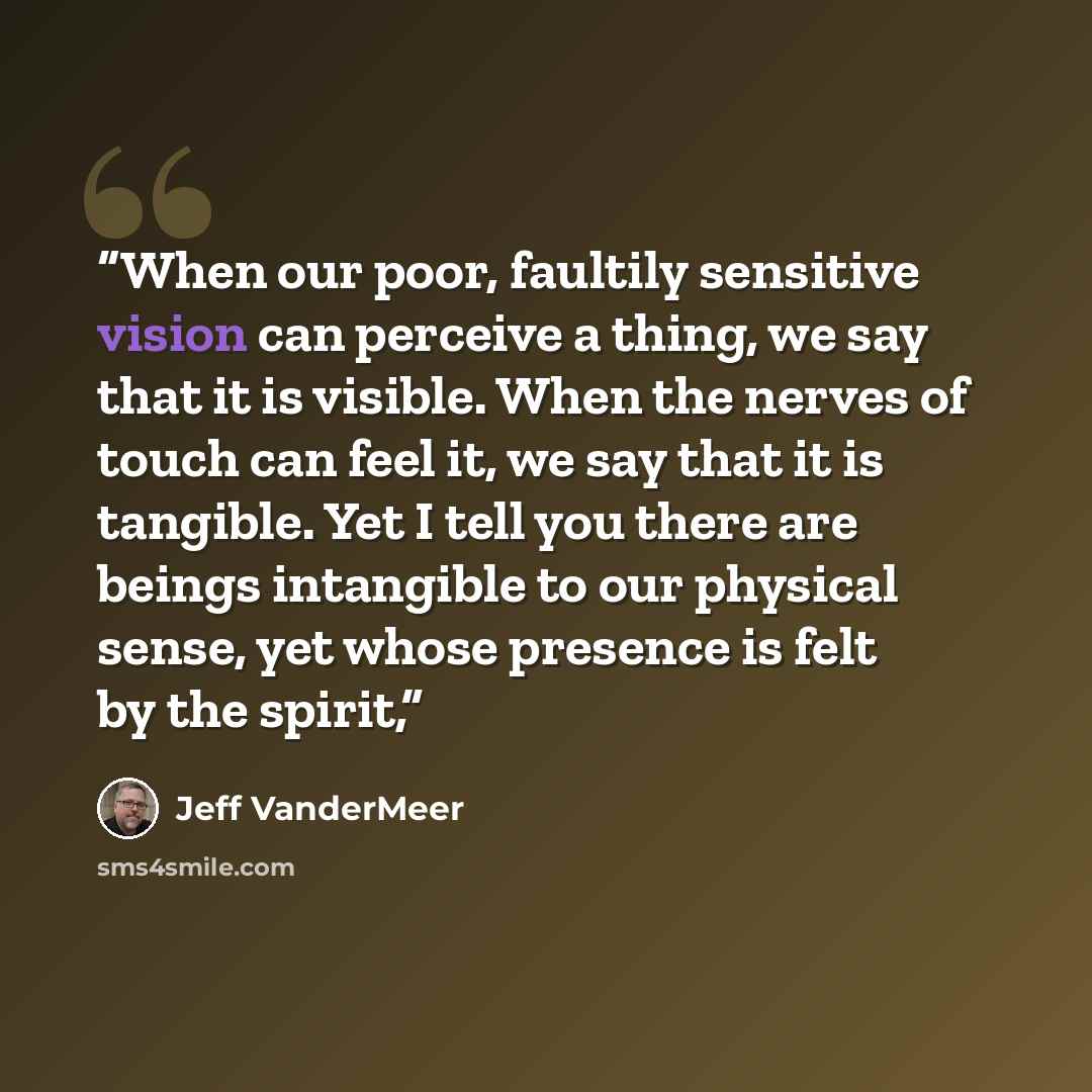 “When our poor, faultily sensitive vision can perceive a thing, we say that it is visible. When the nerves of touch can feel it, we say that it is tangible. Yet I tell you there are beings intangible to our physical sense, yet whose presence is felt by the spirit,” quote by Jeff VanderMeer