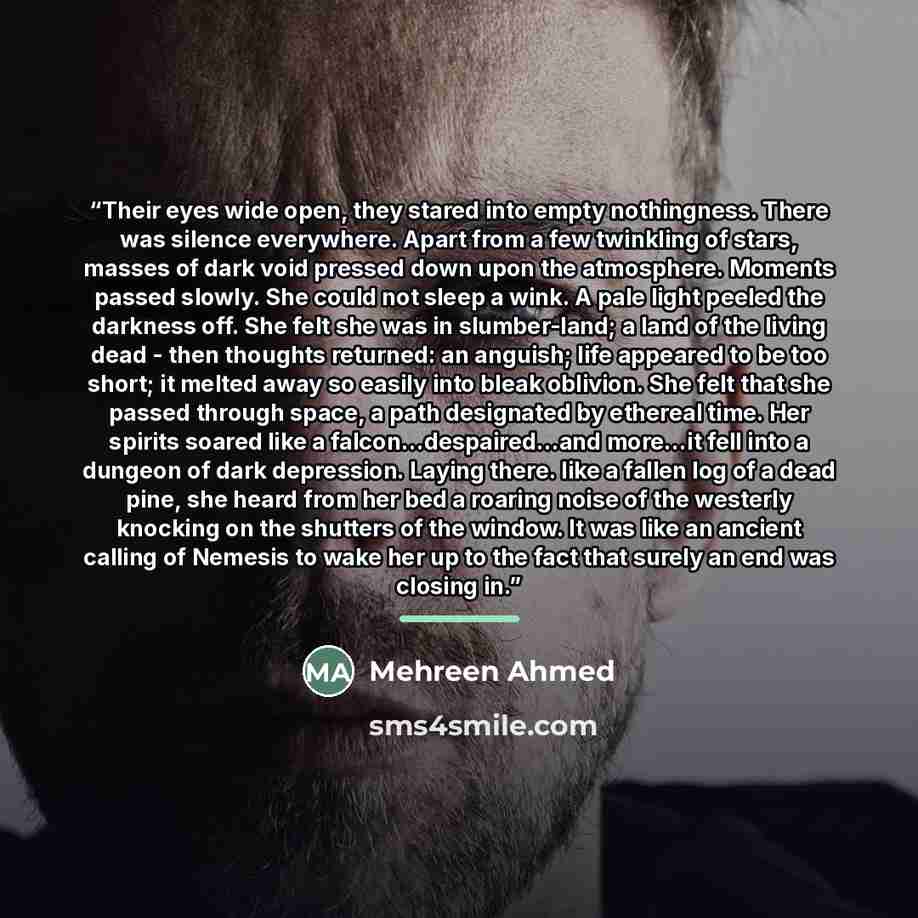 “Their eyes wide open, they stared into empty nothingness. There was silence everywhere. Apart from a few twinkling of stars, masses of dark void pressed down upon the atmosphere. Moments passed slowly. She could not sleep a wink. A pale light peeled the darkness off. She felt she was in…” quote by Mehreen Ahmed
