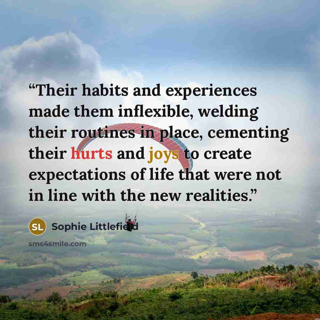 “Their habits and experiences made them inflexible, welding their routines in place, cementing their hurts and joys to create expectations of life that were not in line with the new realities.” quote by Sophie Littlefield